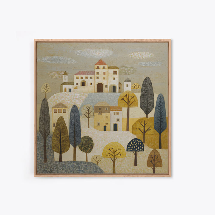 Naive Folk Art Village Framed Canvas Print, Art, Wood Wall Art, Living Room Decor, Fine Art, Modern Decor, Fine Art Print, ART-1x1-68