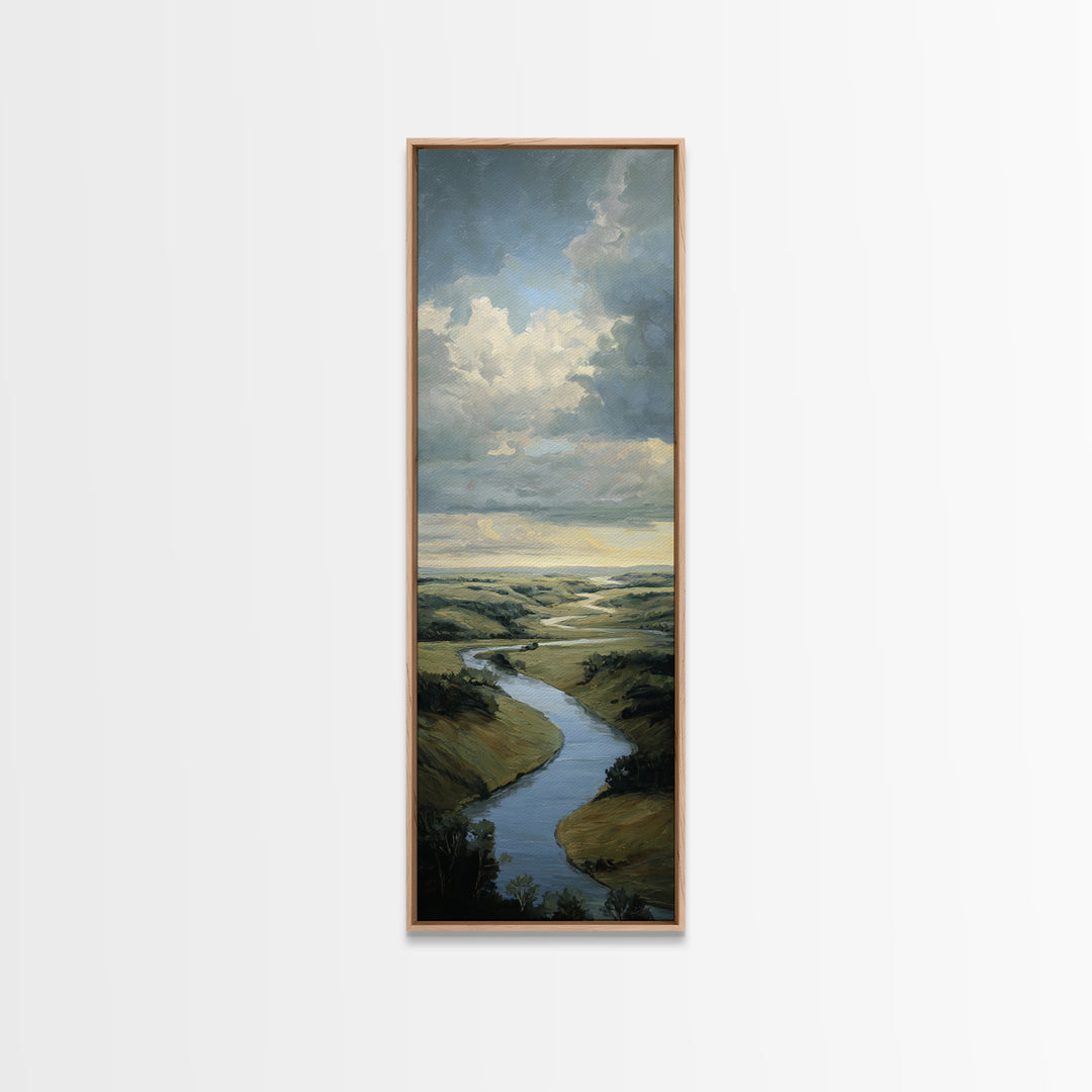 Classic Landscape with Winding River and Atmospheric Framed Canvas Print, Art, Art Nouveau, Living Room Decor, Watercolor Art, ART-1x3-87