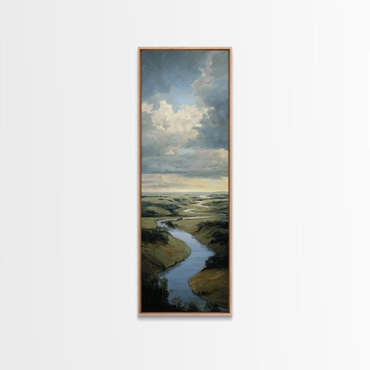 Classic Landscape with Winding River and Atmospheric Framed Canvas Print, Art, Art Nouveau, Living Room Decor, Watercolor Art, ART-1x3-87
