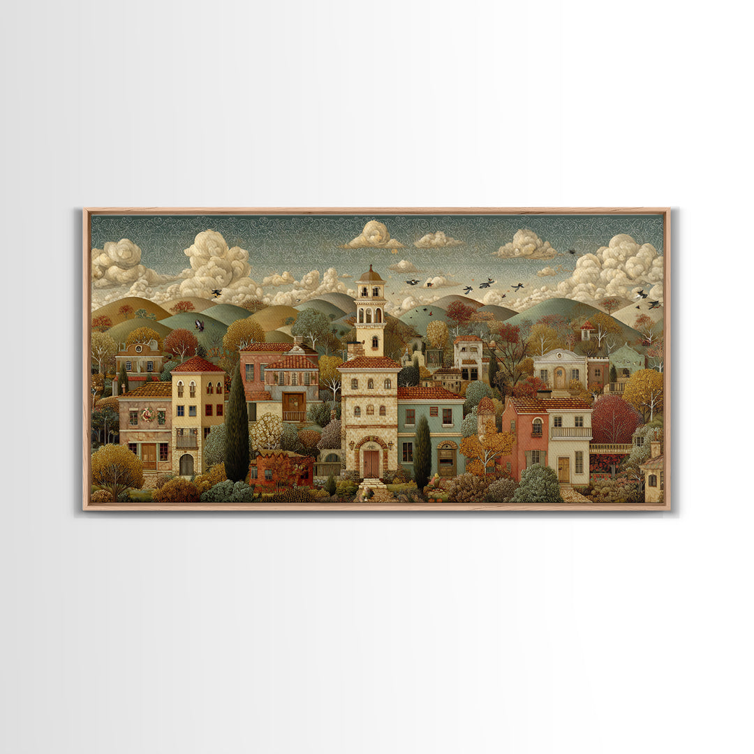 Naive Folk Art Village Framed Canvas Print, Art, Neutral Decor, Living Room Decor, Fine Art, Art Prints, Digital Art, ART-2x1-16