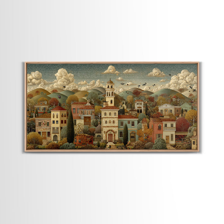 Naive Folk Art Village Framed Canvas Print, Art, Neutral Decor, Living Room Decor, Fine Art, Art Prints, Digital Art, ART-2x1-16