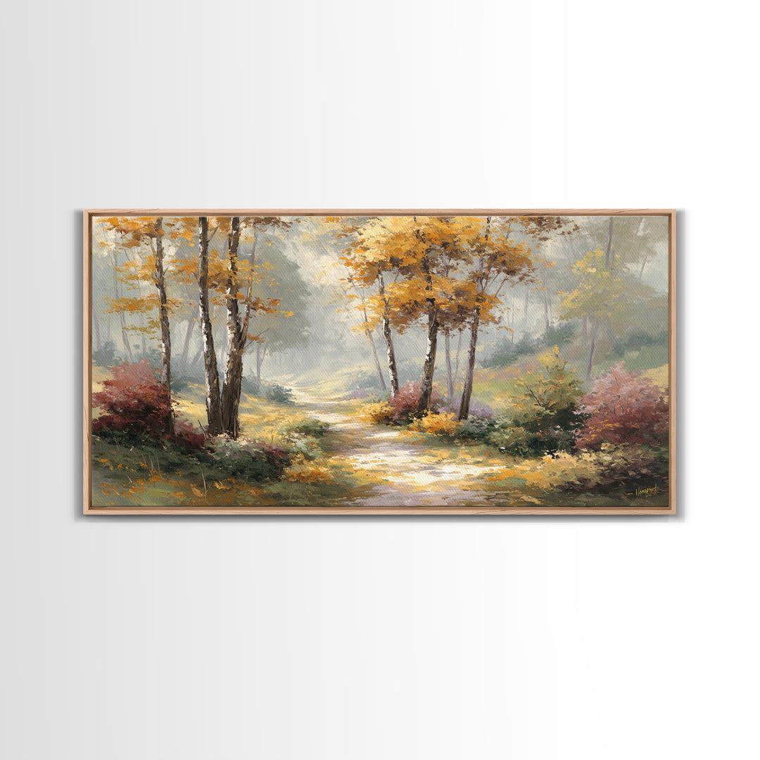 Woodland Path with Golden Autumn Atmosphere Framed Canvas Print, Art, Printable Art, Living Room Decor, Fine Art, ART-2x1-19