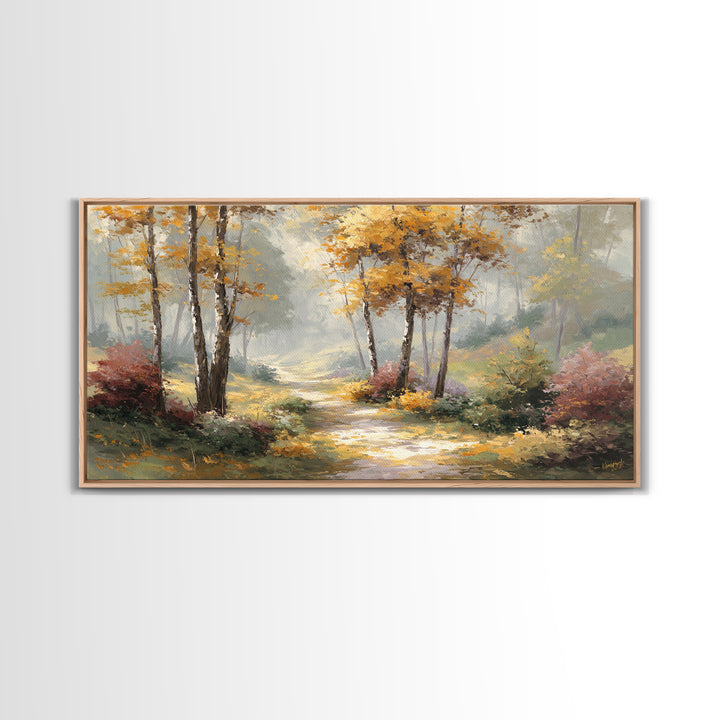 Woodland Path with Golden Autumn Atmosphere Framed Canvas Print, Art, Printable Art, Living Room Decor, Fine Art, ART-2x1-19