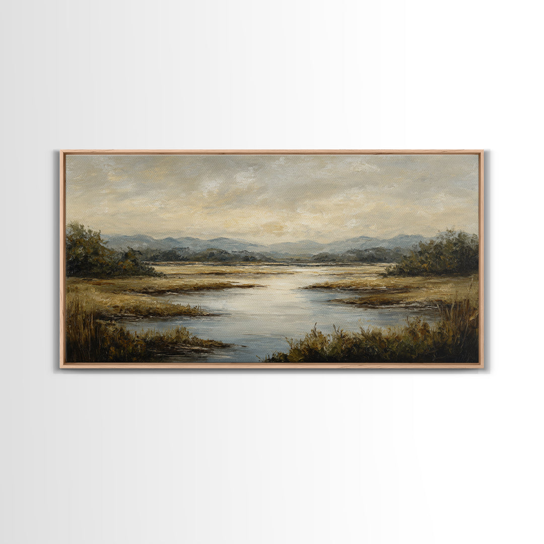 Classic Landscape with Winding River and Atmospheric Framed Canvas Print, Art, Art Print, Living Room Decor, Fine Art, ART-2x1-23