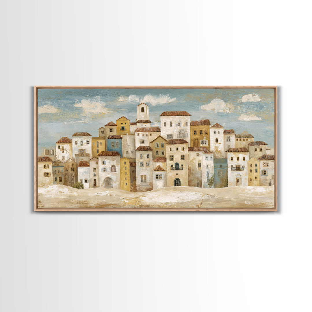 Naive Folk Art Village Framed Canvas Print, Art, Wall Art, Living Room Decor, Fine Art, Original Art, Art Nouveau, ART-2x1-40