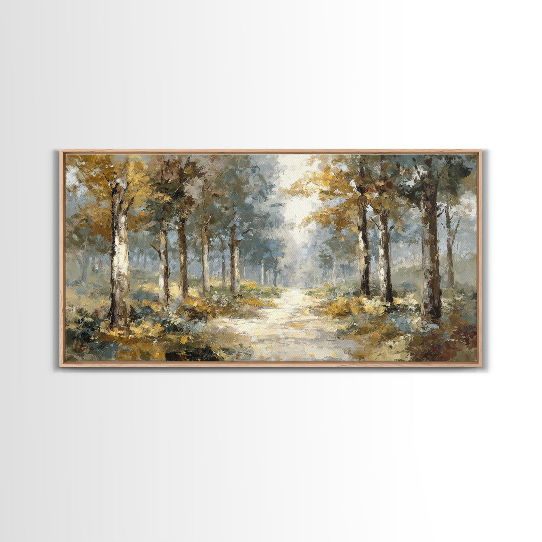 Woodland Path with Golden Autumn Atmosphere Framed Canvas Print, Art, Art Prints, Living Room Decor, Fine Art, ART-2x1-43