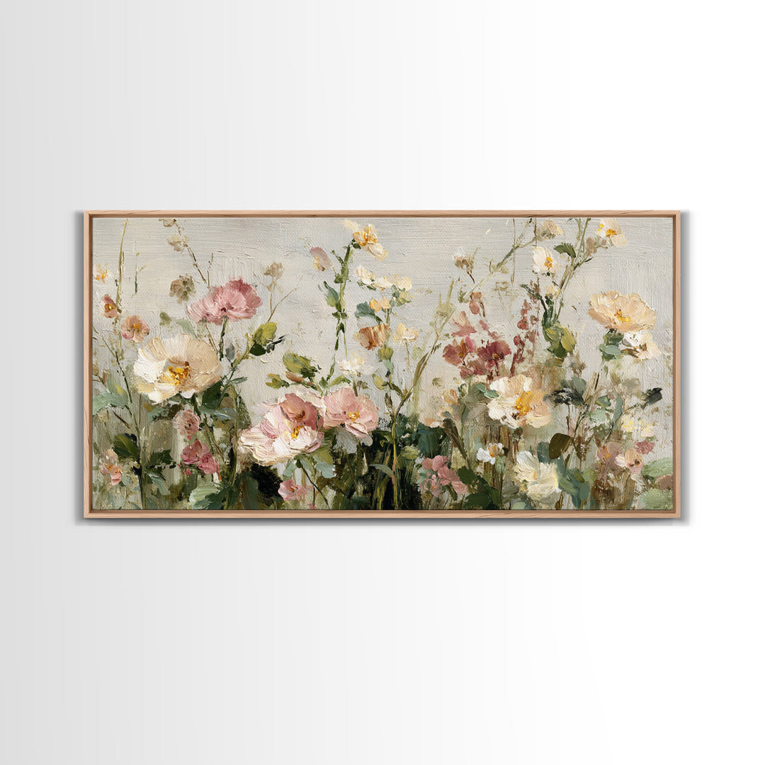Painterly Meadow with Loose Impressionist Flowers Framed Canvas Print, Art, Canvas Art, Living Room Decor, Watercolor Art, ART-2x1-59