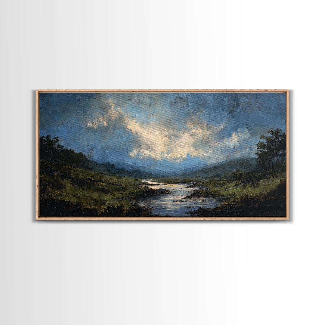 Classic Landscape with Winding River and Atmospheric Canvas Print, Art, Black Art, Living Room Decor, Fine Art, ART-2x1-71