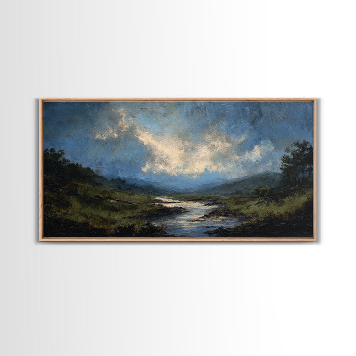 Classic Landscape with Winding River and Atmospheric Canvas Print, Art, Black Art, Living Room Decor, Fine Art, ART-2x1-71