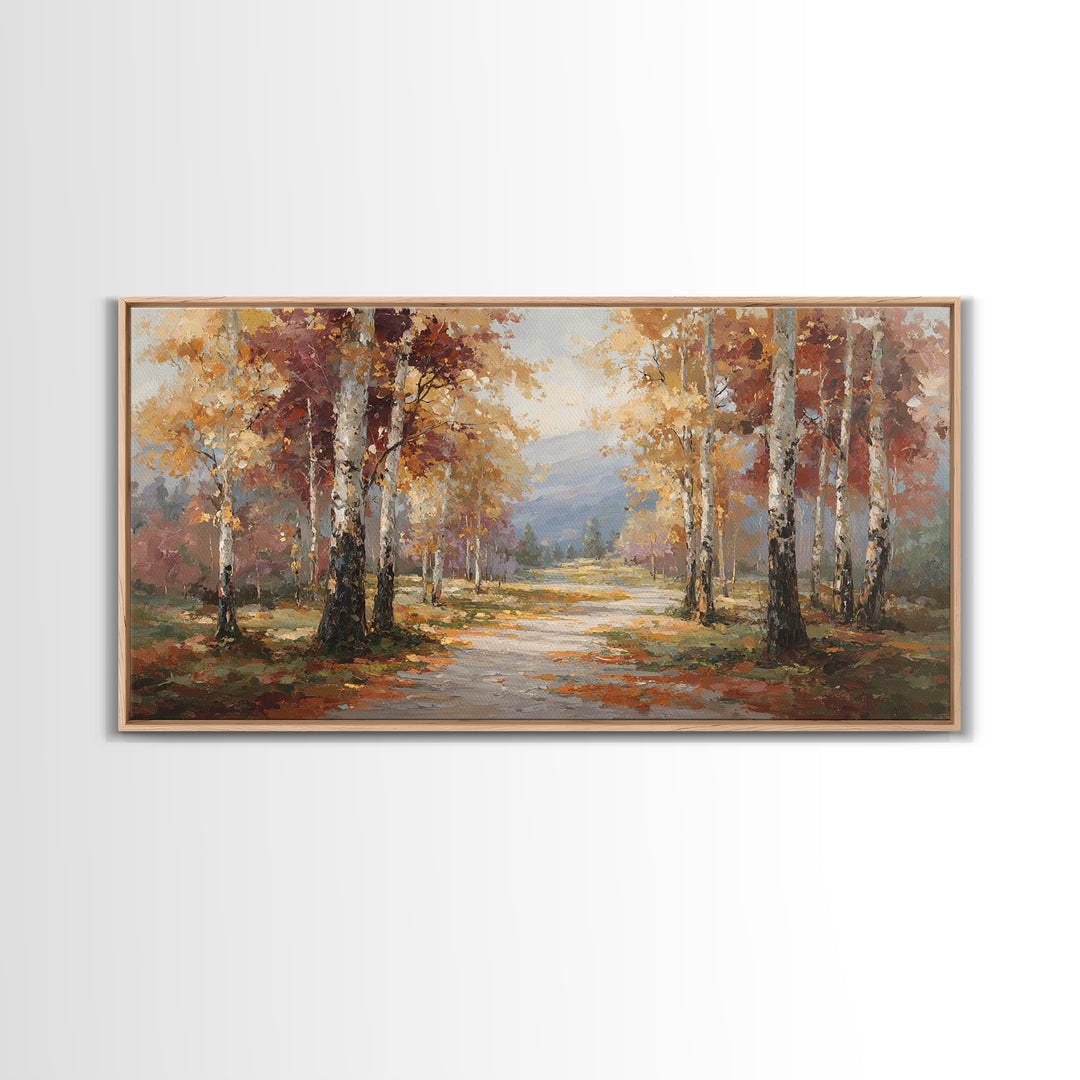 Woodland Path with Golden Autumn Atmosphere Framed Canvas Print, Art, Art Print, Living Room Decor, Fine Art, ART-2x1-91