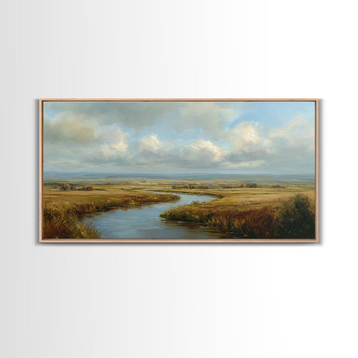 Classic Landscape with Winding River and Atmospheric Canvas Print, Art, Abstract Wall Art, Living Room Decor, ART-2x1-95