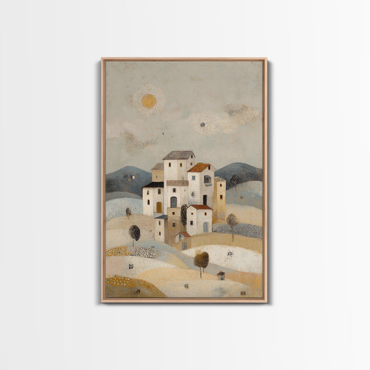 Naive Folk Art Village Framed Canvas Print, Art, Pink Wall Art, Living Room Decor, Fine Art, Textured Painting, ART-2x3-100