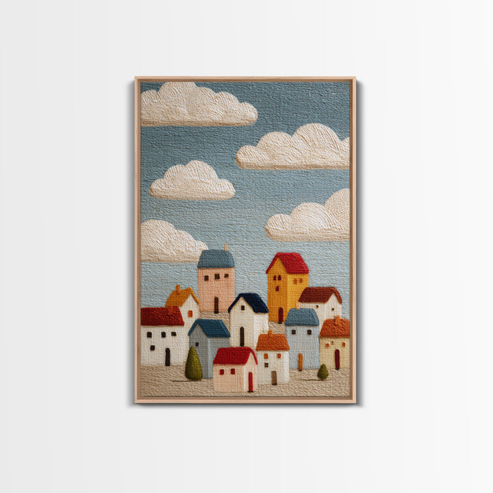 Naive Folk Art Village Framed Canvas Print, Art, Printable Wall Art, Living Room Decor, Fine Art, Canvas Art, ART-2x3-28