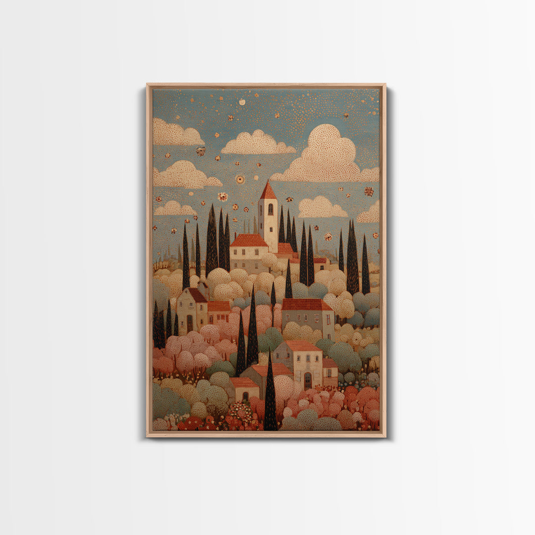 Naive Folk Art Village Framed Canvas Print, Art, Resin Art, Living Room Decor, Fine Art, Luxury Decor, Textured Painting, ART-2x3-4