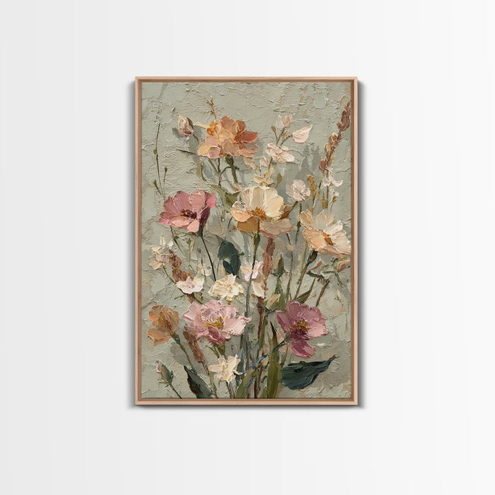 Painterly Meadow with Loose Impressionist Flowers Framed Canvas Print, Art, Neutral Decor, Living Room Decor, Fine Art, ART-2x3-47