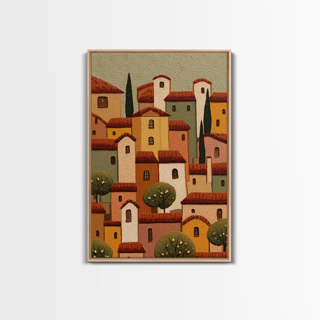 Naive Folk Art Village Framed Canvas Print, Art, Wall Art Prints, Living Room Decor, Fine Art, Ai Art, Textured Wall Art, ART-2x3-76