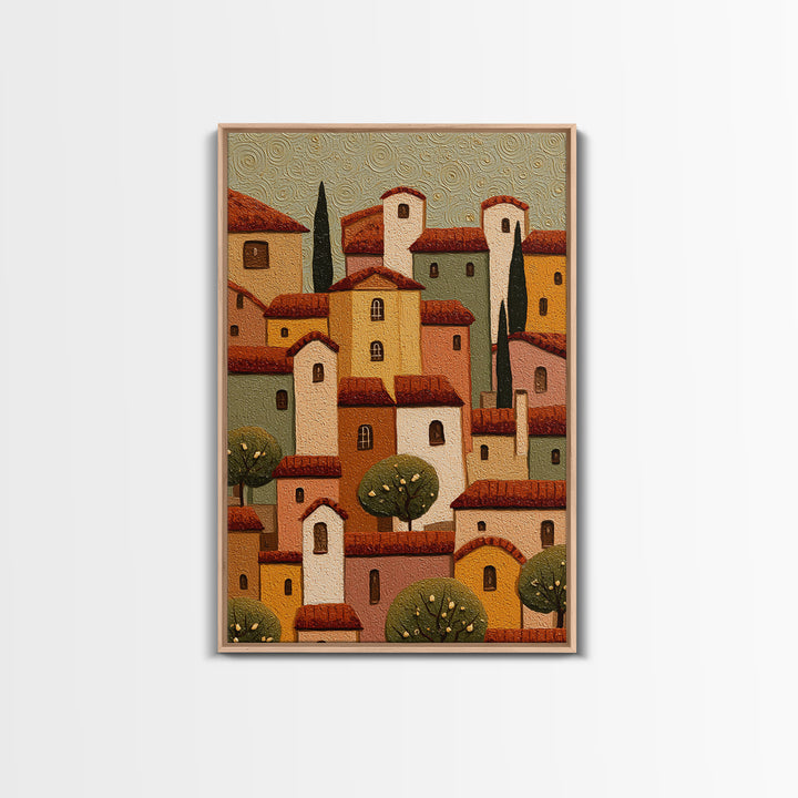Naive Folk Art Village Framed Canvas Print, Art, Wall Art Prints, Living Room Decor, Fine Art, Ai Art, Textured Wall Art, ART-2x3-76