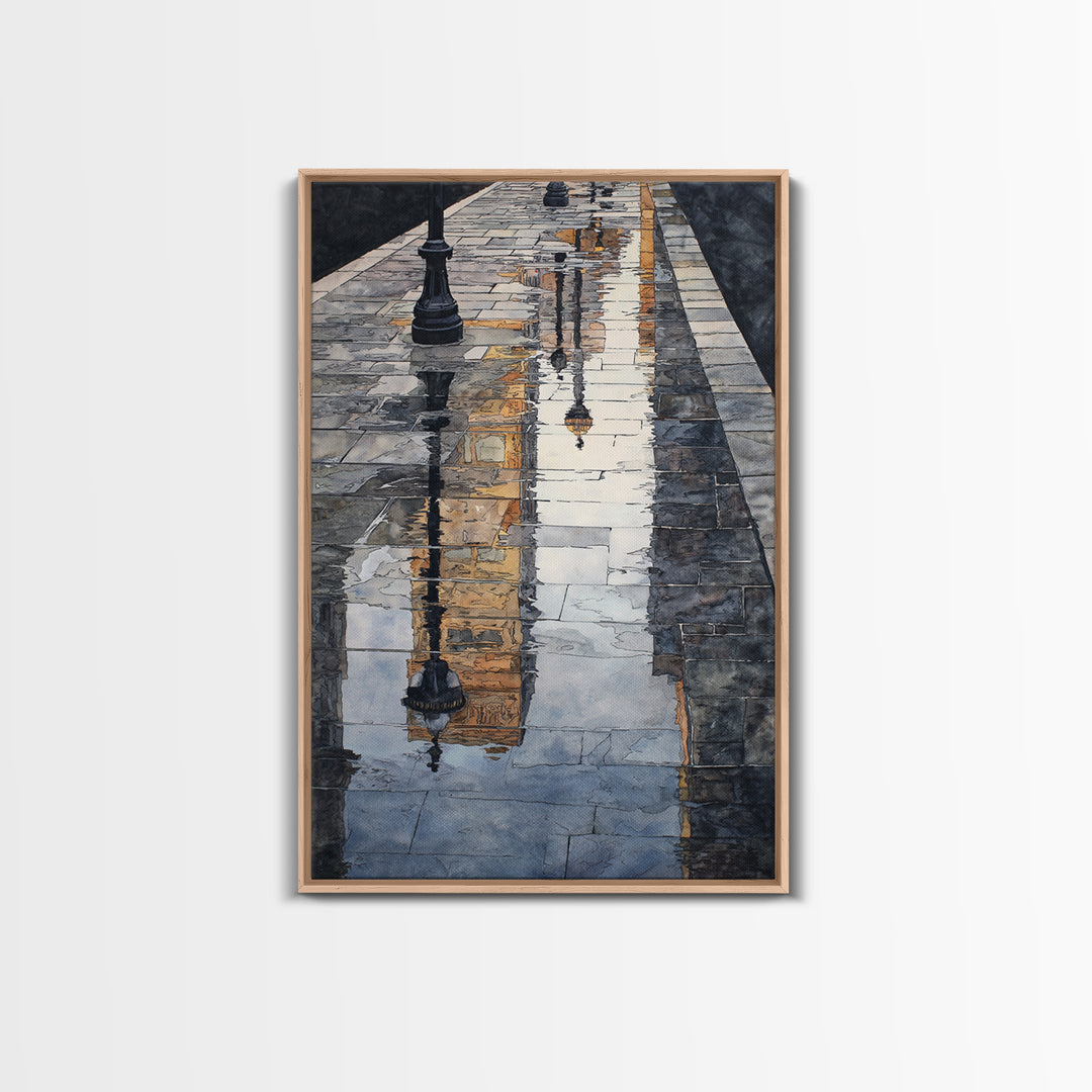 Moody City Scene Reflected Framed Canvas Print, Art, Living Room Decor, Fine Art, Art Nouveau, Framed Wall Art, ART-2x3-90
