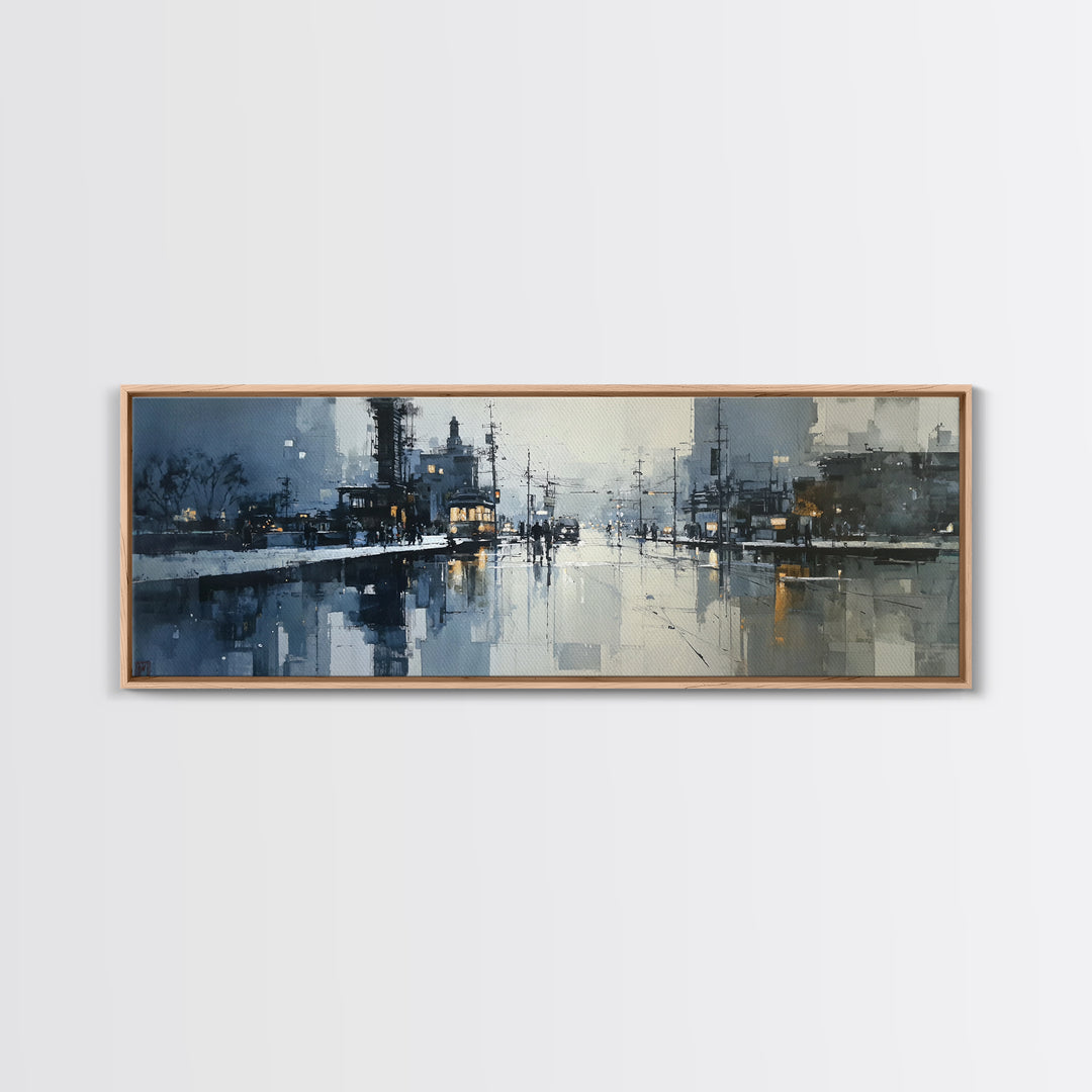 Moody City Scene Reflected Framed Canvas Print, Art, Wall Art, Living Room Decor, Fine Art, Original Art, Art Nouveau, ART-3x1-2