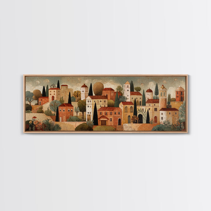 Naive Folk Art Village Framed Canvas Print, Art, Modern Decor, Living Room Decor, Fine Art, Art Prints, Digital Art, ART-3x1-60