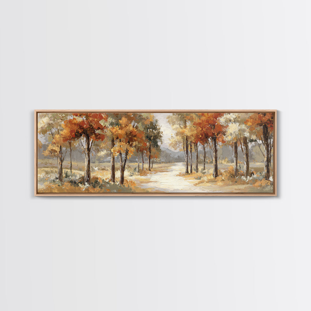 Woodland Path with Golden Autumn Atmosphere Framed Canvas Print, Art, Statement Artwork, Living Room Decor, Fine Art, ART-3x1-63