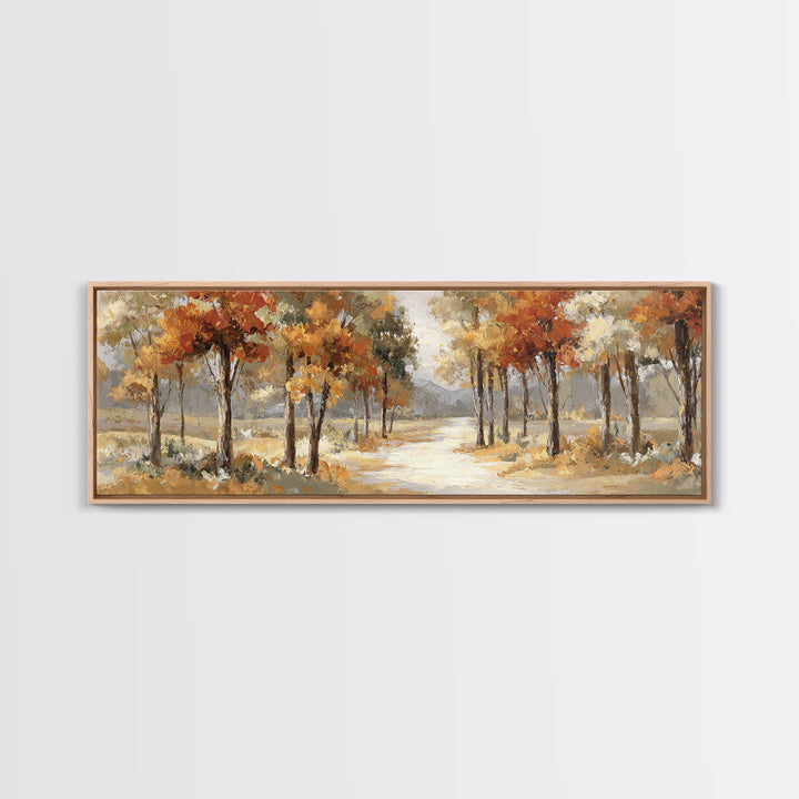 Woodland Path with Golden Autumn Atmosphere Framed Canvas Print, Art, Statement Artwork, Living Room Decor, Fine Art, ART-3x1-63