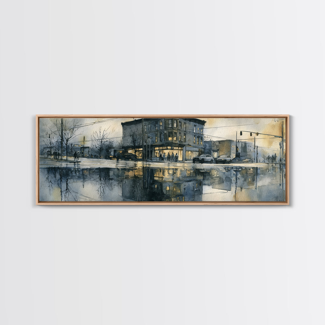 Moody City Scene Reflected Framed Canvas Print, Art, Art Deco, Living Room Decor, Oil Painting, Printable Art, ART-3x1-74