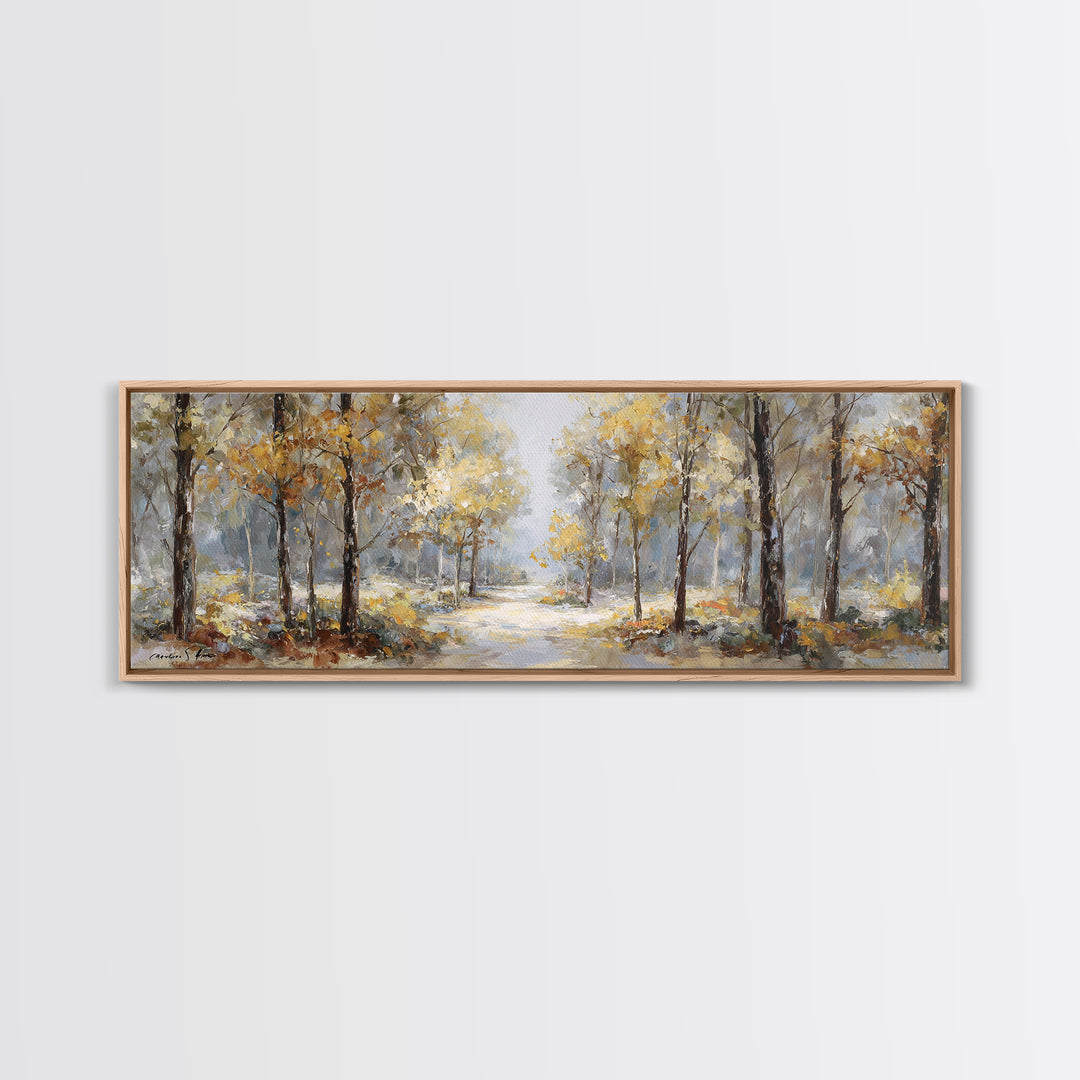 Woodland Path with Golden Autumn Atmosphere Framed Canvas Print, Art, Art Print, Living Room Decor, Fine Art, ART-3x1-87