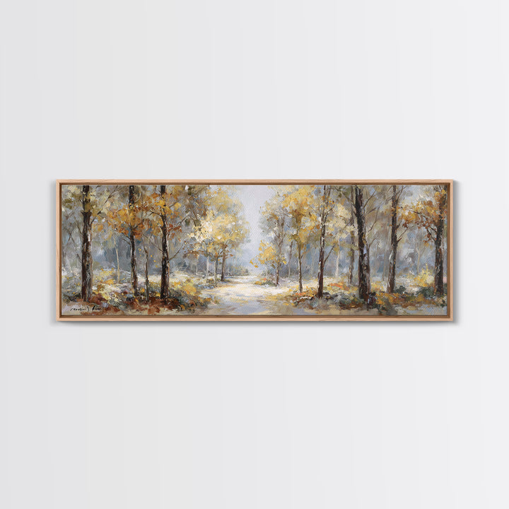 Woodland Path with Golden Autumn Atmosphere Framed Canvas Print, Art, Art Print, Living Room Decor, Fine Art, ART-3x1-87