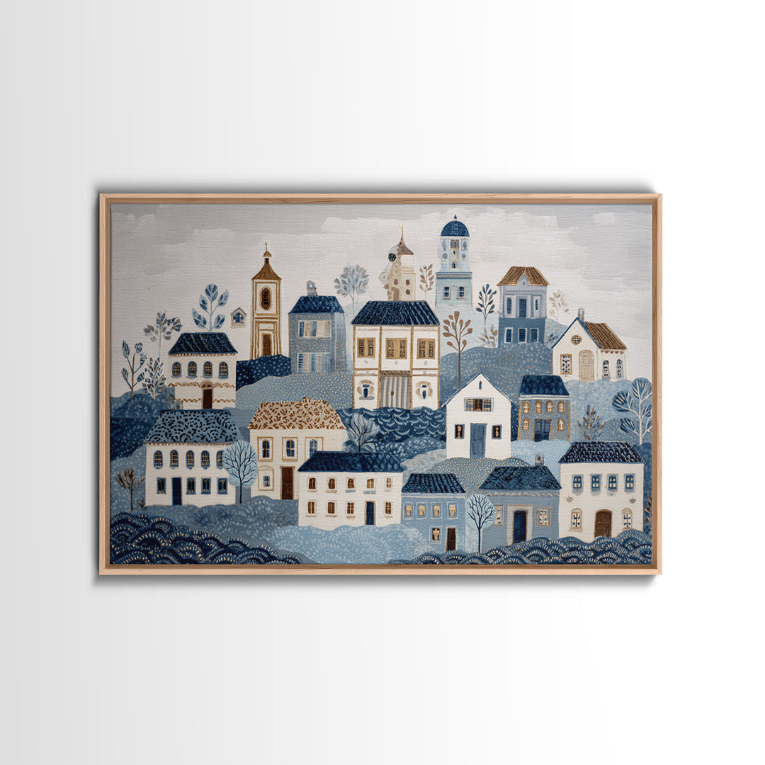 Naive Folk Art Village Framed Canvas Print, Art, Wall Art Prints, Living Room Decor, Fine Art, Ai Art, Textured Wall Art, ART-3x2-24