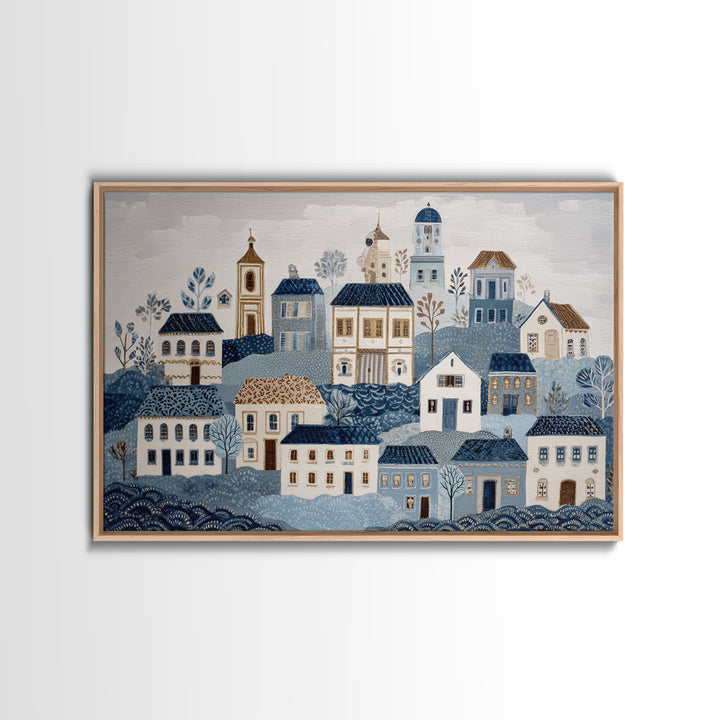 Naive Folk Art Village Framed Canvas Print, Art, Wall Art Prints, Living Room Decor, Fine Art, Ai Art, Textured Wall Art, ART-3x2-24