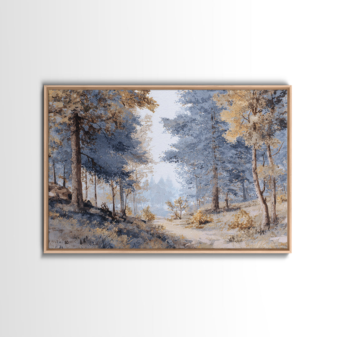 Woodland Path with Golden Autumn Atmosphere Framed Canvas Print, Art, Art Commission, Living Room Decor, Fine Art, ART-3x2-27