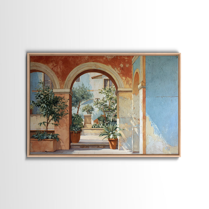 Architectural Archway in Warm Mediterranean Light Framed Canvas Print, Art, Wall Art for Mom, Living Room Decor, Oil Painting, ART-3x2-50