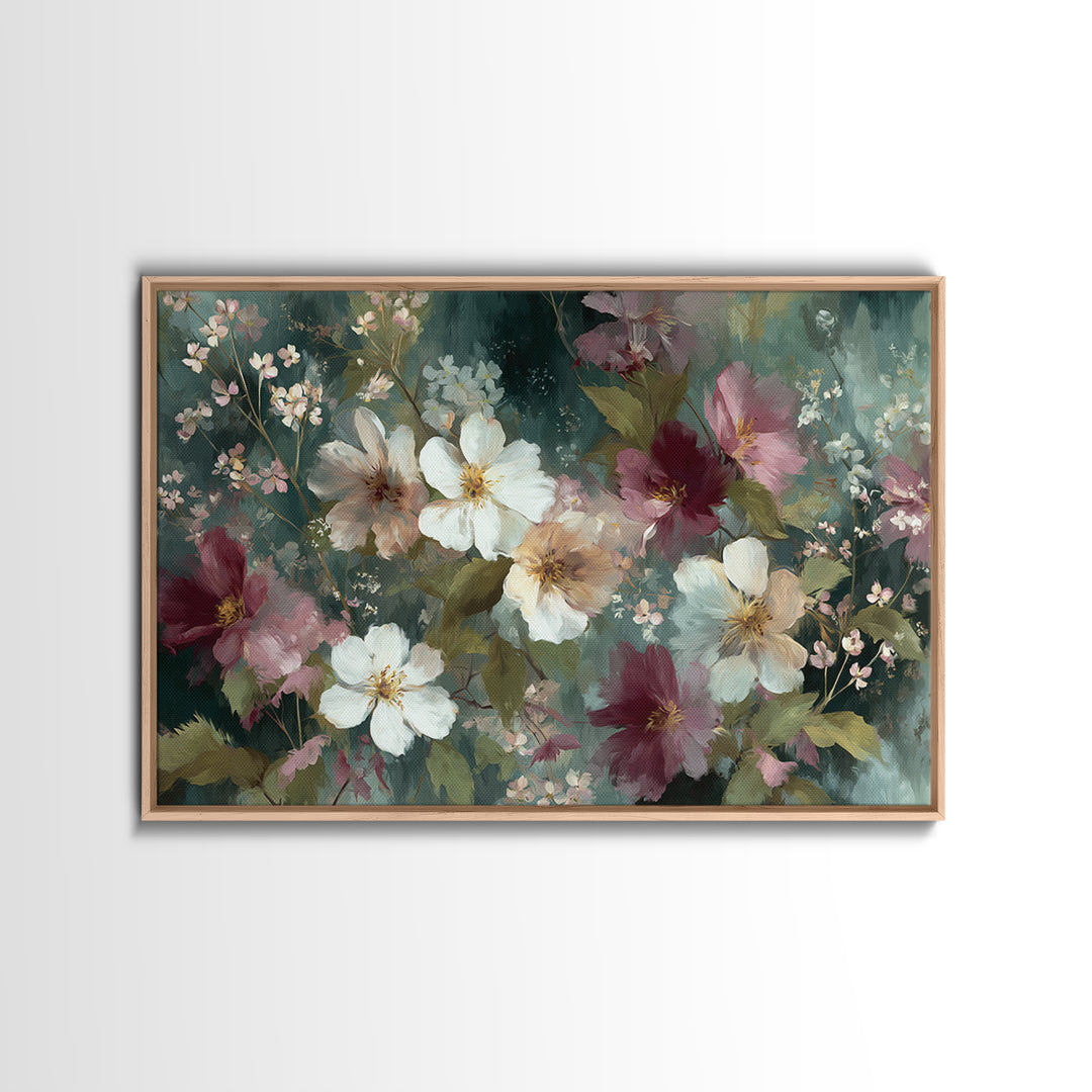 Painterly Meadow with Loose Impressionist Flowers Canvas Print, Art, Pink Wall Art, Living Room Decor, Watercolor Art, ART-3x2-67
