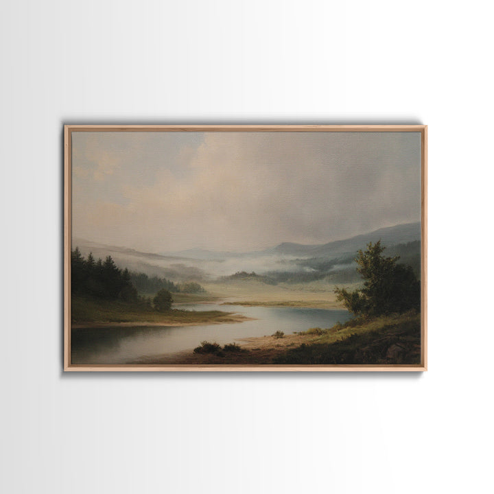 Classic Landscape with Winding River and Atmospheric Framed Canvas Print, Art, Framed Wall Art, Living Room Decor, Fine Art, ART-3x2-79