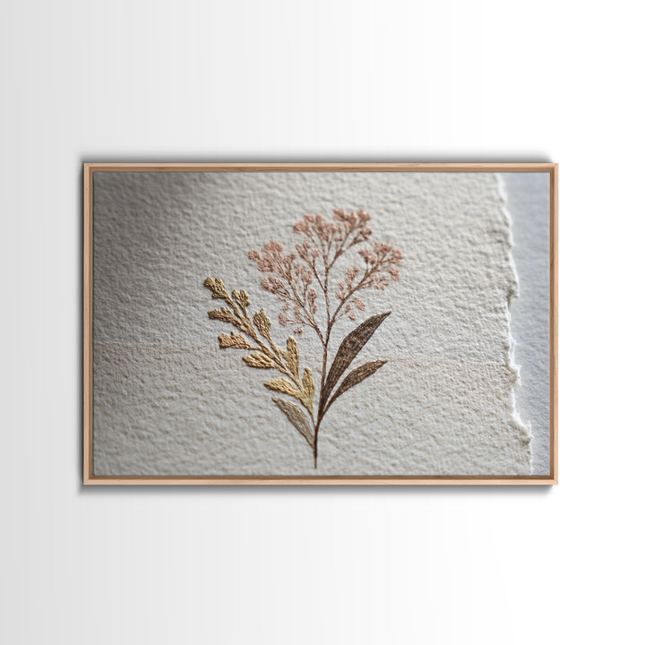 Minimal Botanical Ink Drawing on Handmade Paper Framed Canvas Print, Art, Ai Art, Living Room Decor, Watercolor Art, ART-3x2-81