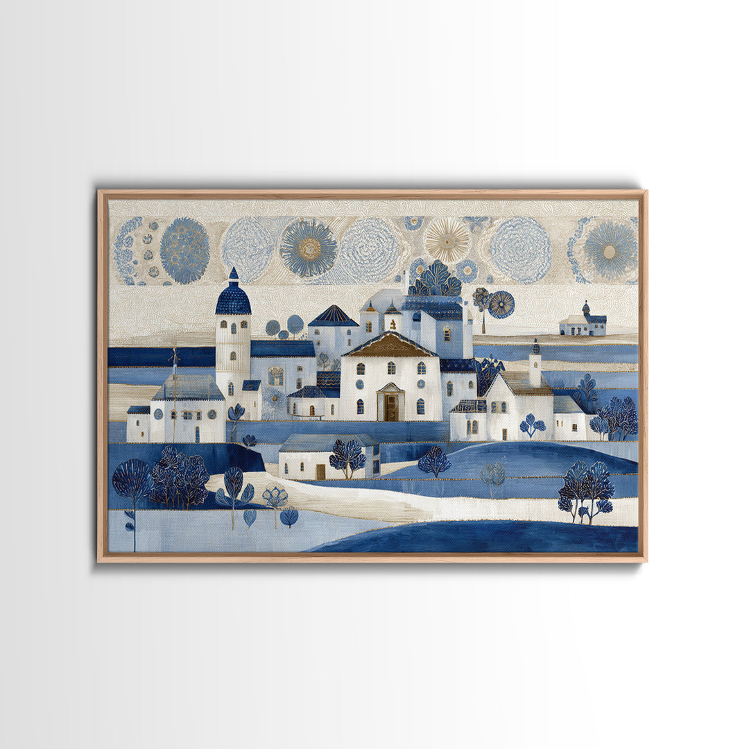 Naive Folk Art Village Framed Canvas Print, Art, Pink Wall Art, Living Room Decor, Fine Art, Textured Painting, ART-3x2-96