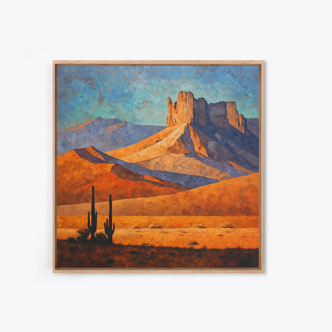 Desert Mesa Panorama Framed Canvas Print, Above Sofa Art, Above Bed Decor, Living Room Decor, Oil Painting, Statement, ASA-1x1-68