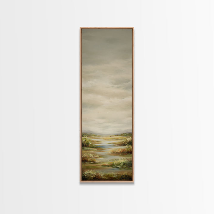 Wide Olive and Beige Meadow Panorama Framed Canvas Print, Above Sofa Art, Coastal Wall Art, Living Room Decor, Statement, ASA-1x3-70