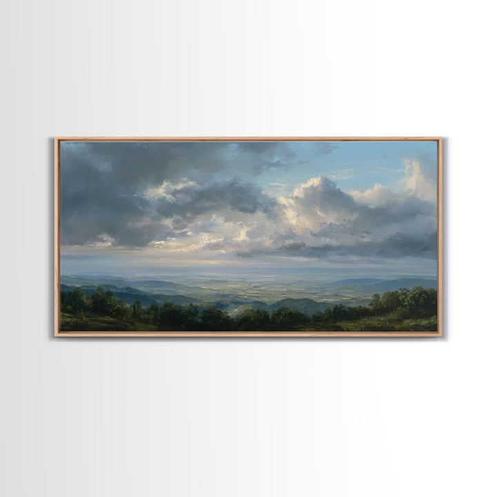 Dramatic Cloudscape over a Distant Valley Framed Canvas Print, Above Sofa Art, Living Room Decor, Oil Painting, Statement, ASA-2x1-25