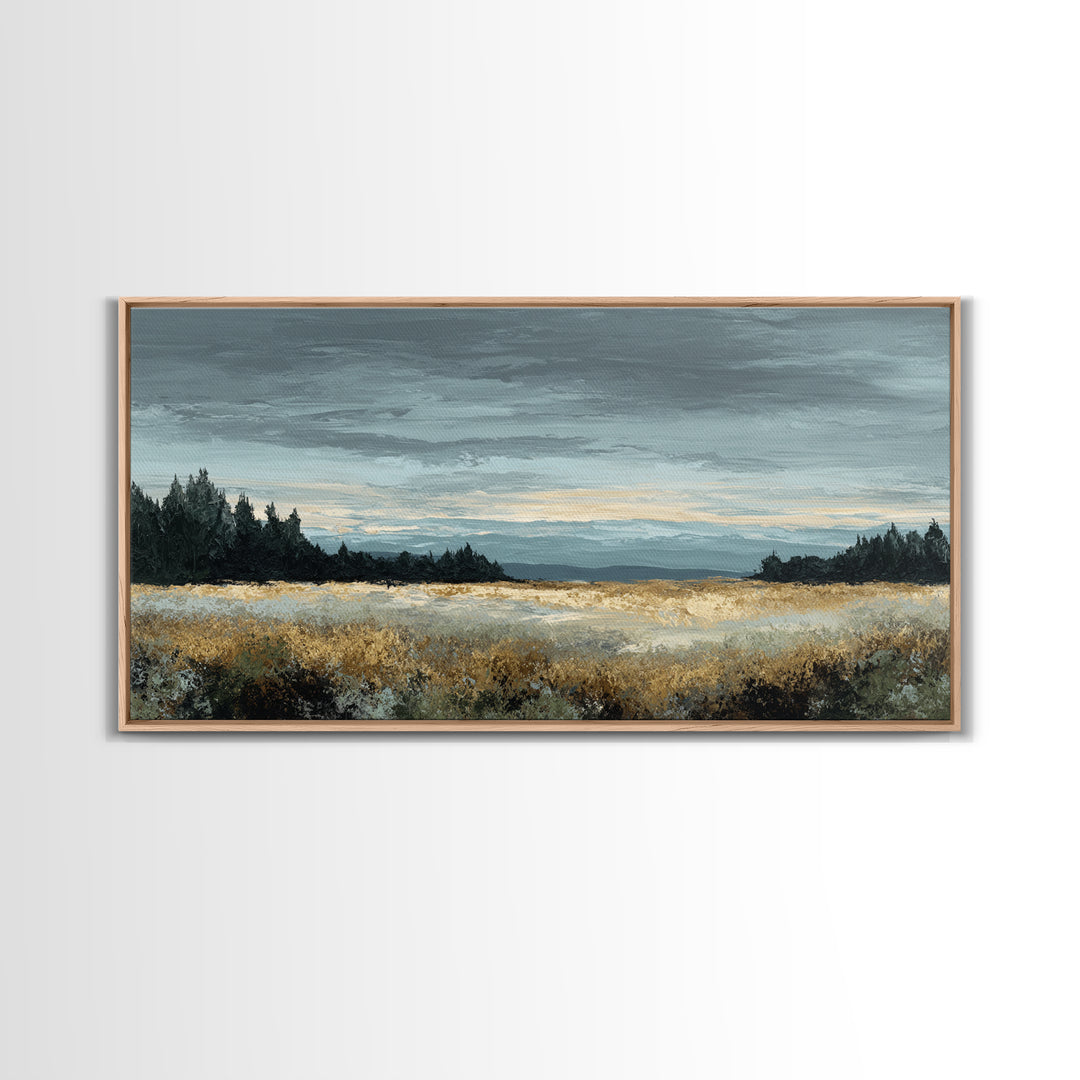 Wide Olive and Beige Meadow Panorama Framed Canvas Print, Above Sofa Art, Modern Decor, Living Room Decor, Oil Painting, ASA-2x1-30