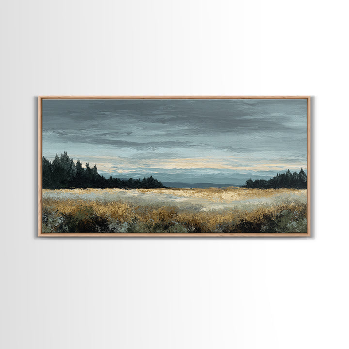 Wide Olive and Beige Meadow Panorama Framed Canvas Print, Above Sofa Art, Modern Decor, Living Room Decor, Oil Painting, ASA-2x1-30