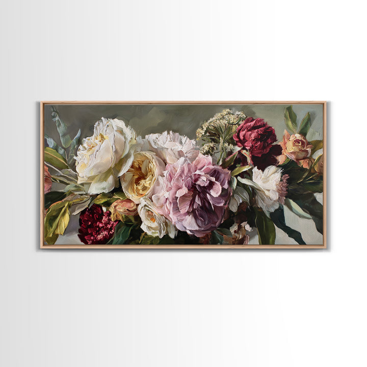 Large Expressive Floral Bouquet Framed Canvas Print, Above Sofa Art, Luxury Decor, Living Room Decor, Oil Painting, Statement, ASA-2x1-50