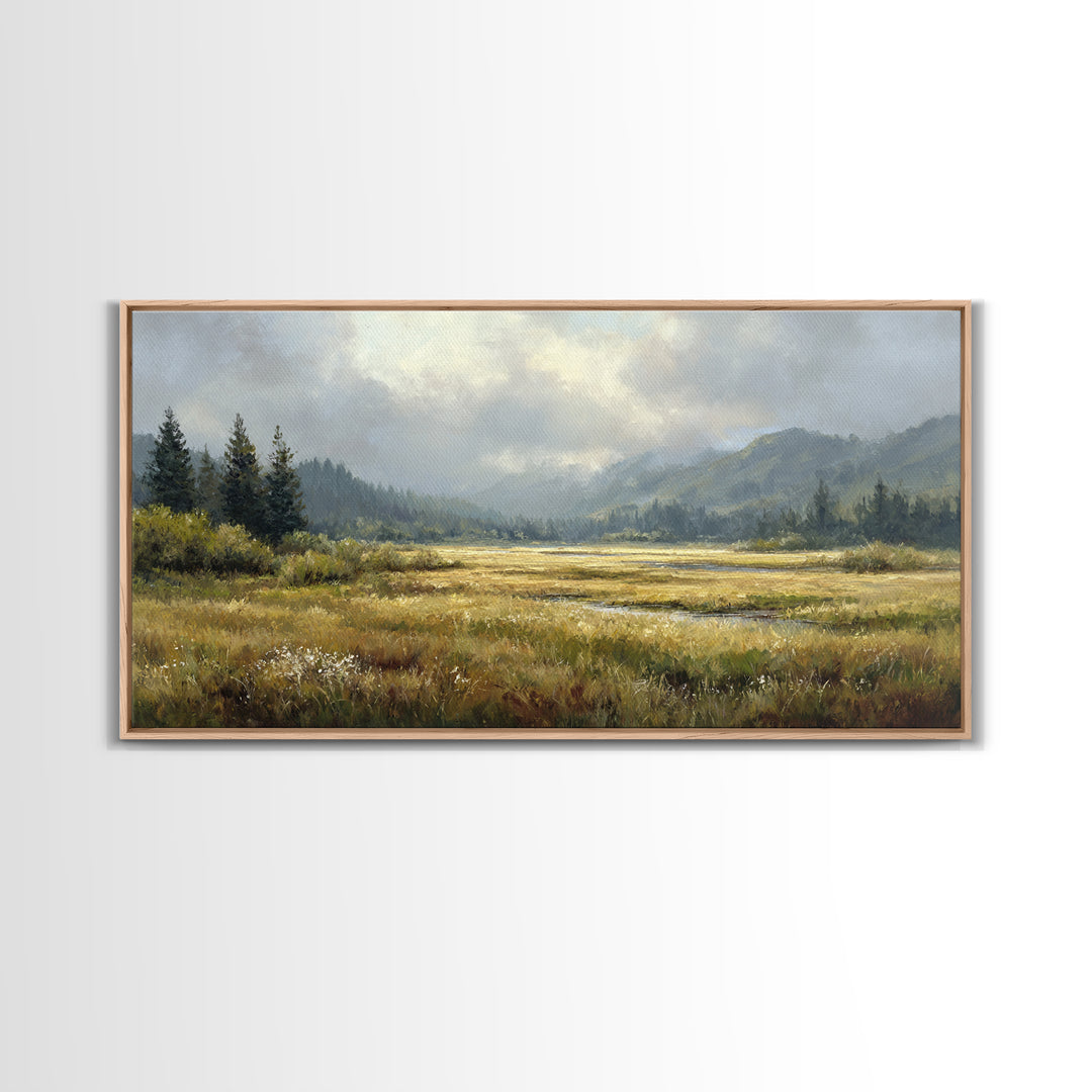 Wide Olive and Beige Meadow Panorama Framed Canvas Print, Above Sofa Art, Modern Decor, Living Room Decor, Oil Painting, ASA-2x1-6