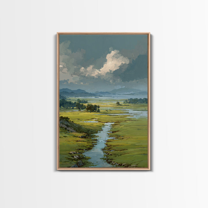 Wide Olive and Beige Meadow Panorama Framed Canvas Print, Above Sofa Art, Living Room Decor, Oil Painting, Statement, ASA-2x3-90