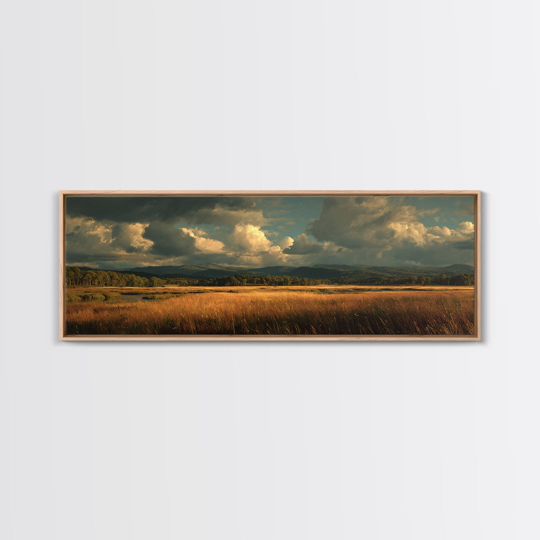 Wide Olive and Beige Meadow Panorama Framed Canvas Print, Above Sofa Art, Wall Art, Living Room Decor, Fine Art, Statement, ASA-3x1-2