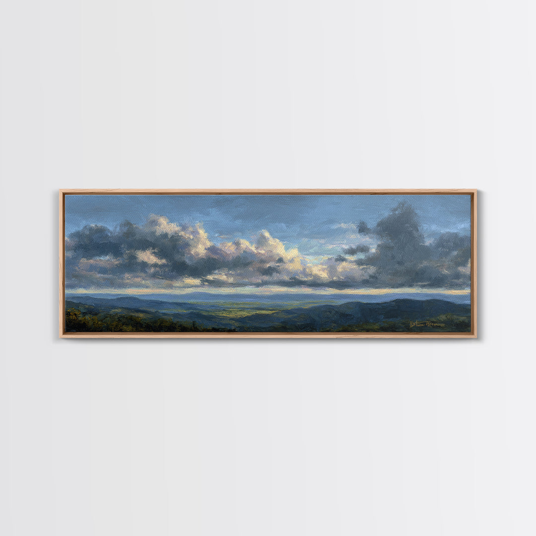 Dramatic Cloudscape over a Distant Valley Canvas Print, Above Sofa Art, Boho Wall Art, Living Room Decor, Watercolor Art, ASA-3x1-21
