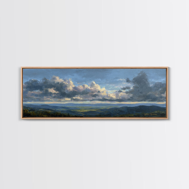 Dramatic Cloudscape over a Distant Valley Canvas Print, Above Sofa Art, Boho Wall Art, Living Room Decor, Watercolor Art, ASA-3x1-21