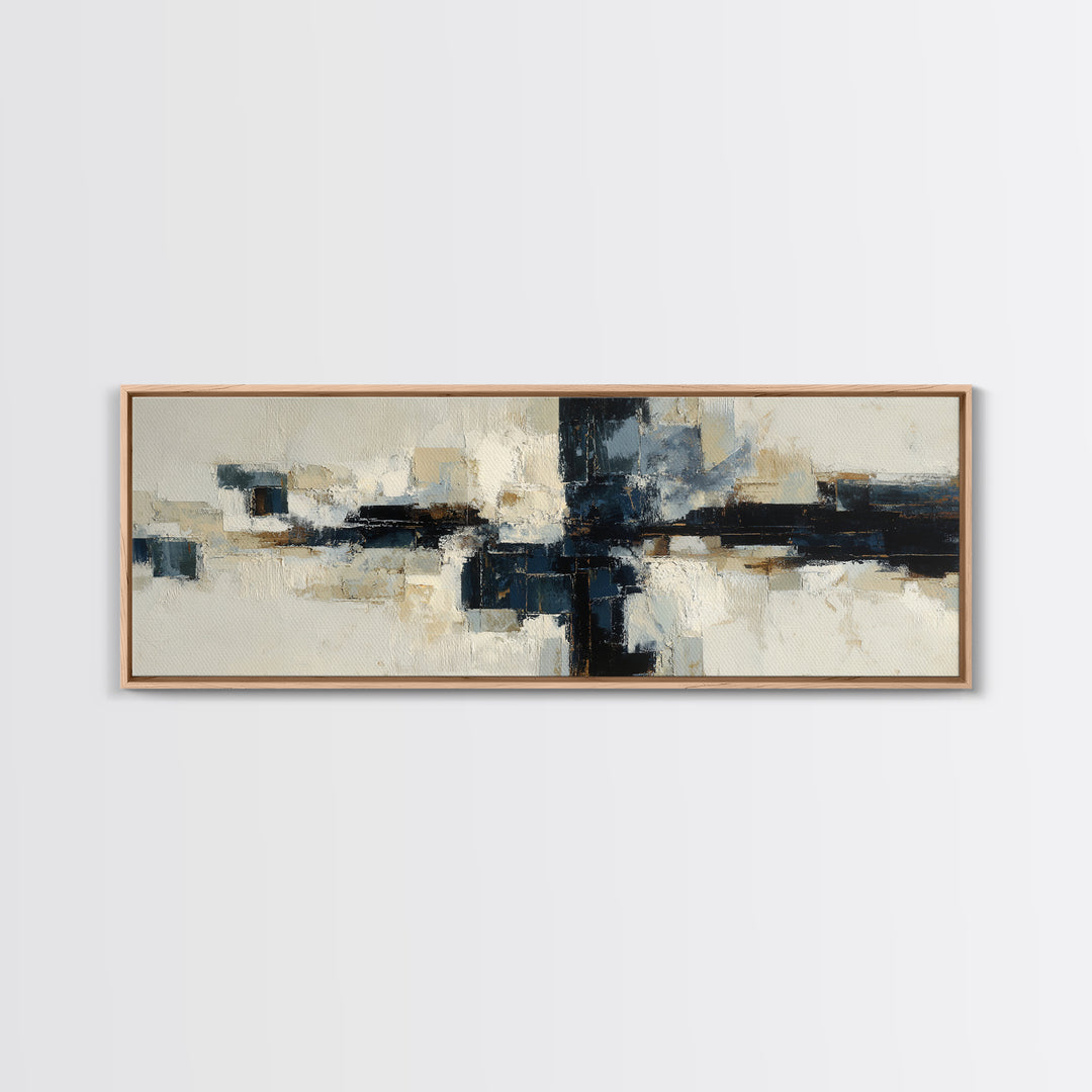 Bold Navy and Ivory Abstract Brushwork Framed Canvas Print, Above Sofa Art, Farmhouse Decor, Living Room Decor, Statement, ASA-3x1-58