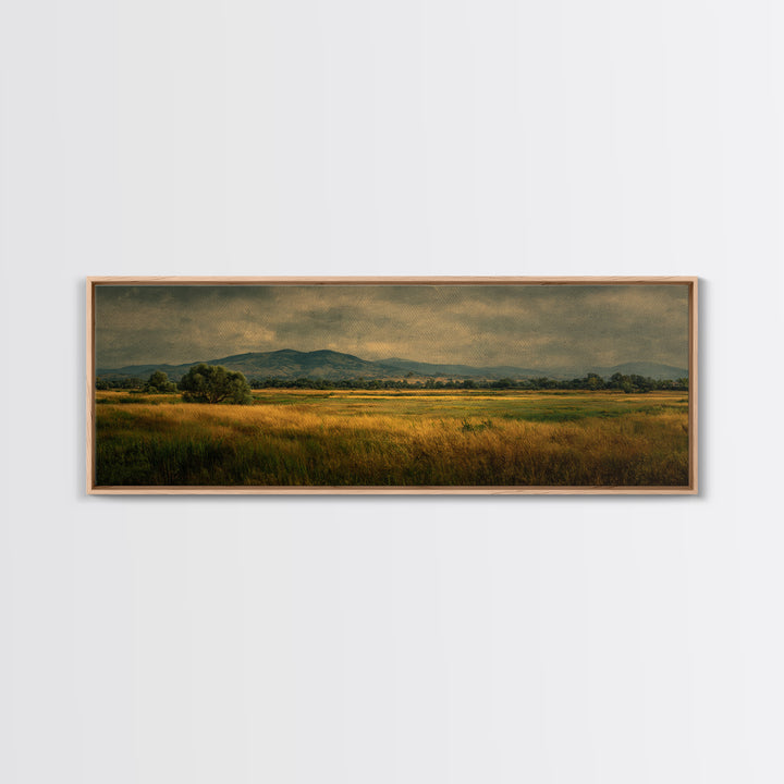 Wide Olive and Beige Meadow Panorama Framed Canvas Print, Above Sofa Art, Boho Wall Art, Living Room Decor, Fine Art, Statement, ASA-3x1-74
